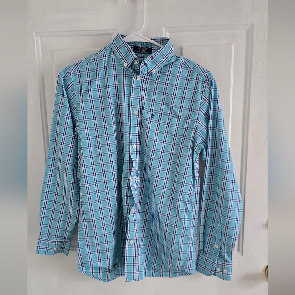 Izod Kids Blue and White Plaid Button Down Shirt